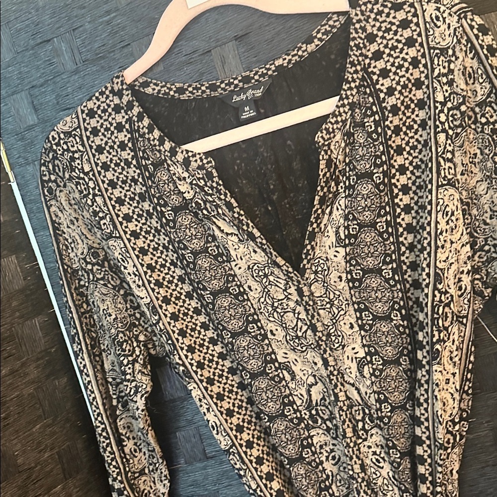 Lucky Brand boho midi dress in black and tan size M EUC - Picture 2 of 4
